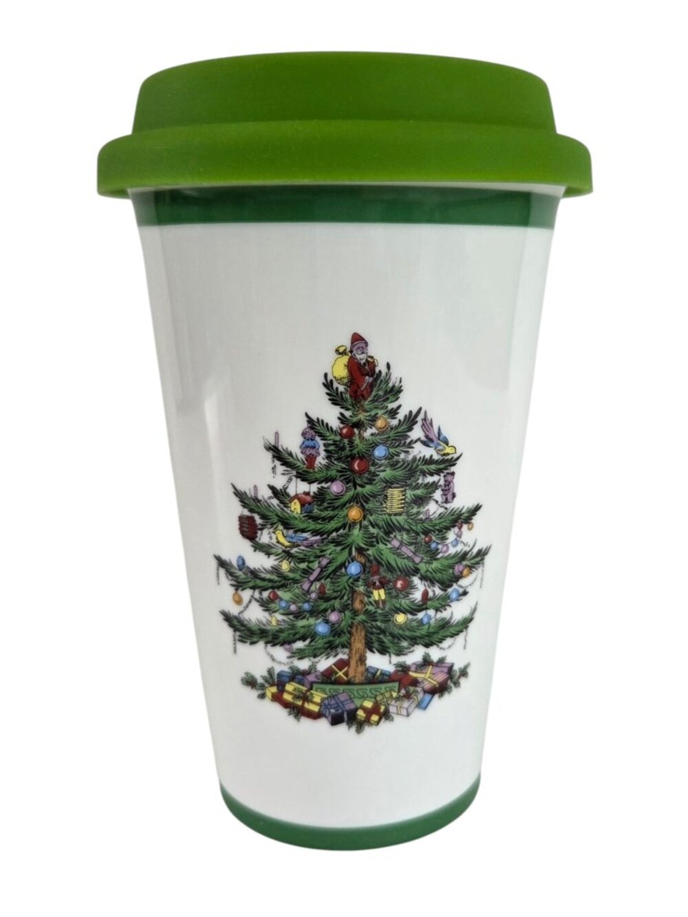 SPODE Ceramic Travel Coffee Mug Silicone Lid Christmas Tree 11 oz 320ML